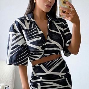 Zara Black and White Abstract Animal Print Co-Ord Crop Top